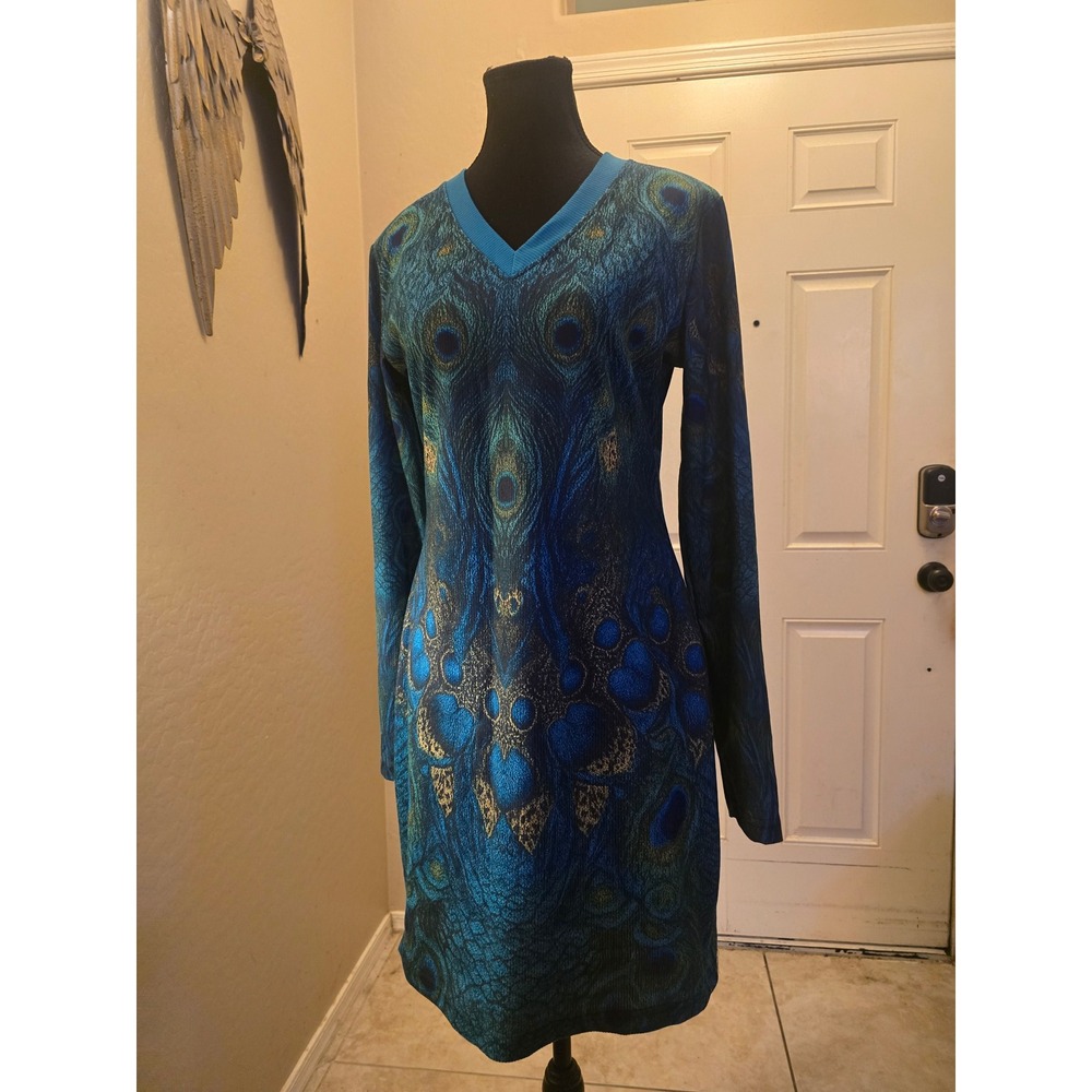 Womens Peacock Feather Print Long Sleeve V-Neck Sheath Dress Blue Teal